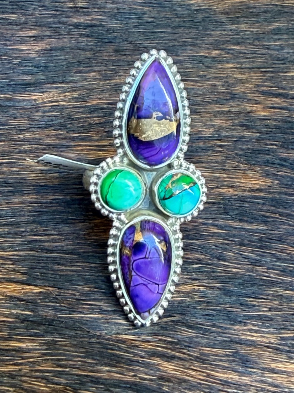 Purple Peacock Dahlia Turquoise Ring Size 7 | 925 Sterling Silver Signed | New
